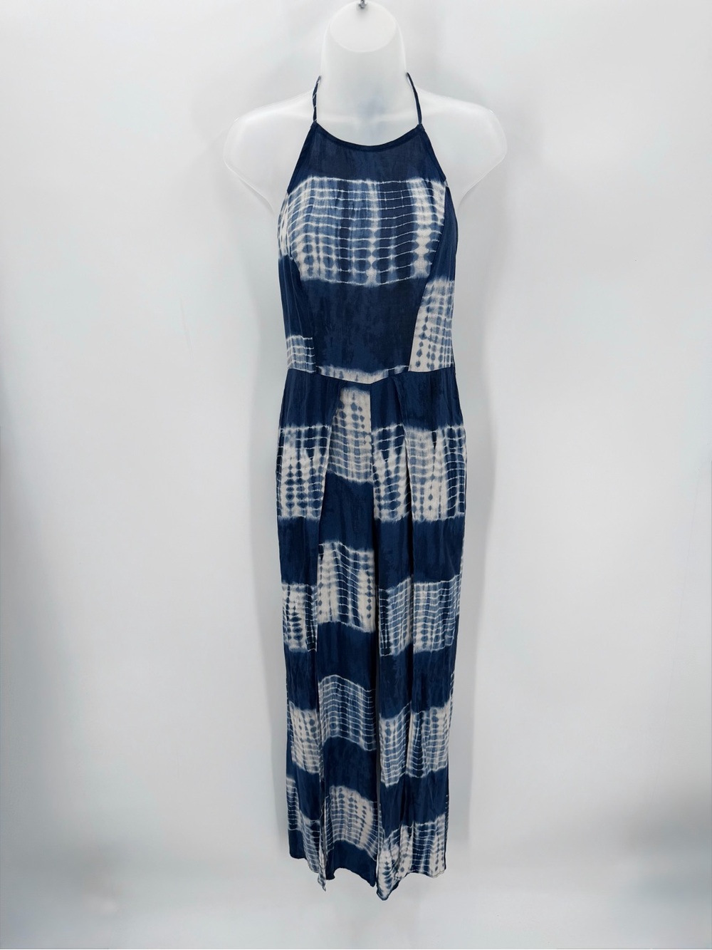 Sage Jumpsuit Romper Women’s S Dark Blue Tie Dye Open Leg Slits Halter Neck Boho